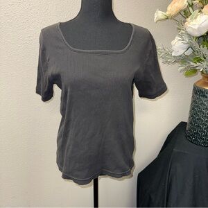 Pierre Cardin Gray Ribbed Square Neck Tee Soft Stretch Minimalist Top